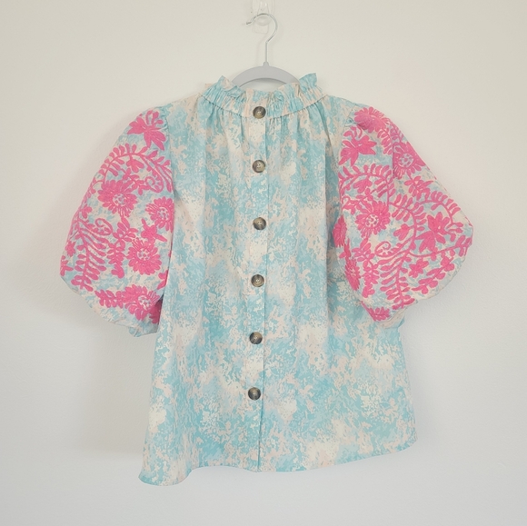 THM Blue and Pink Embroidered Puff Sleeve Floral Top Size S - Picture 2 of 6